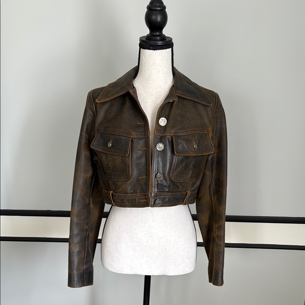Brown Cropped Leather Jacket with Vintage Finish